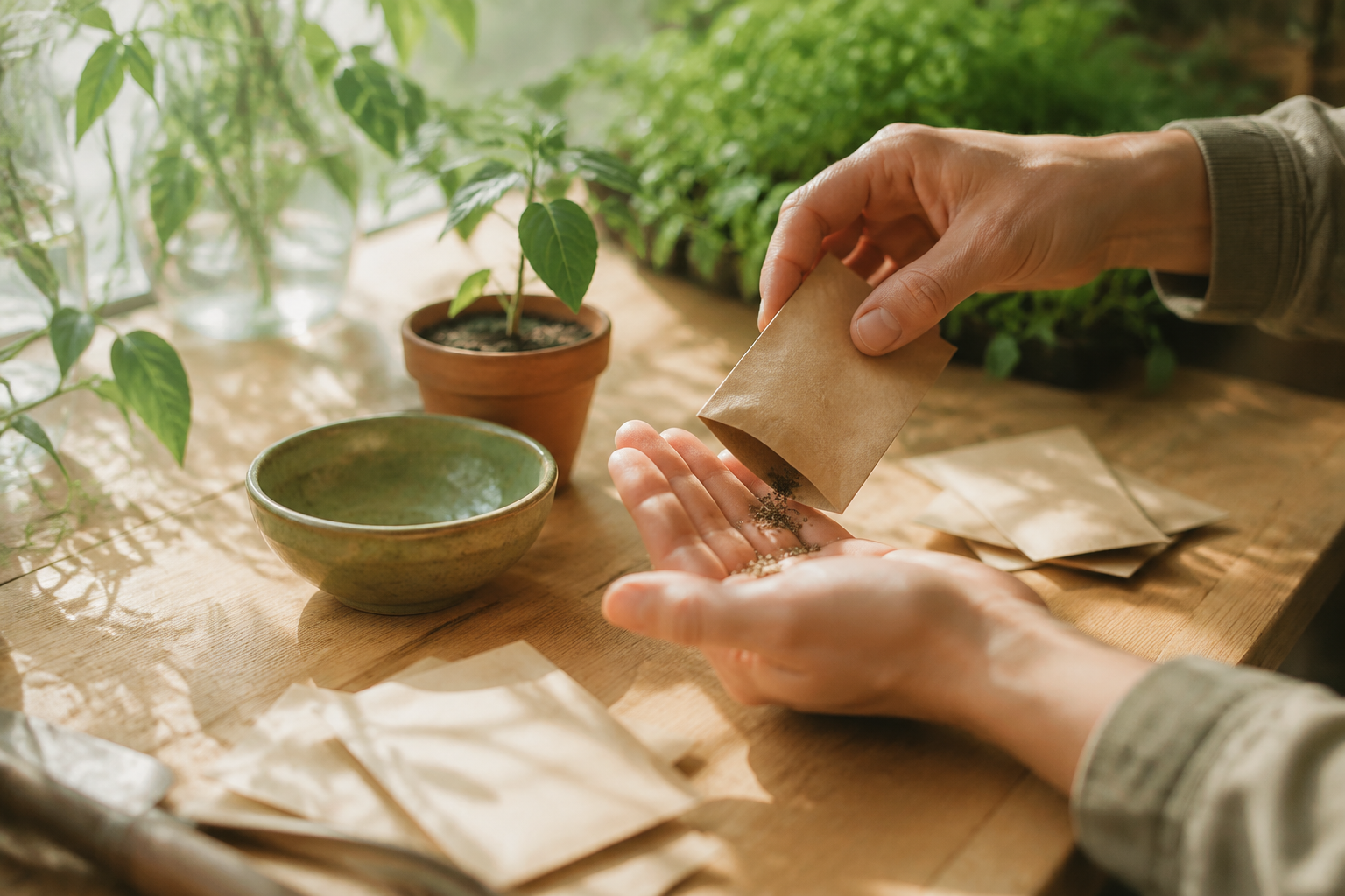 Illustration of hands sharing seeds from a paper envelope in a sunlit greenhouse